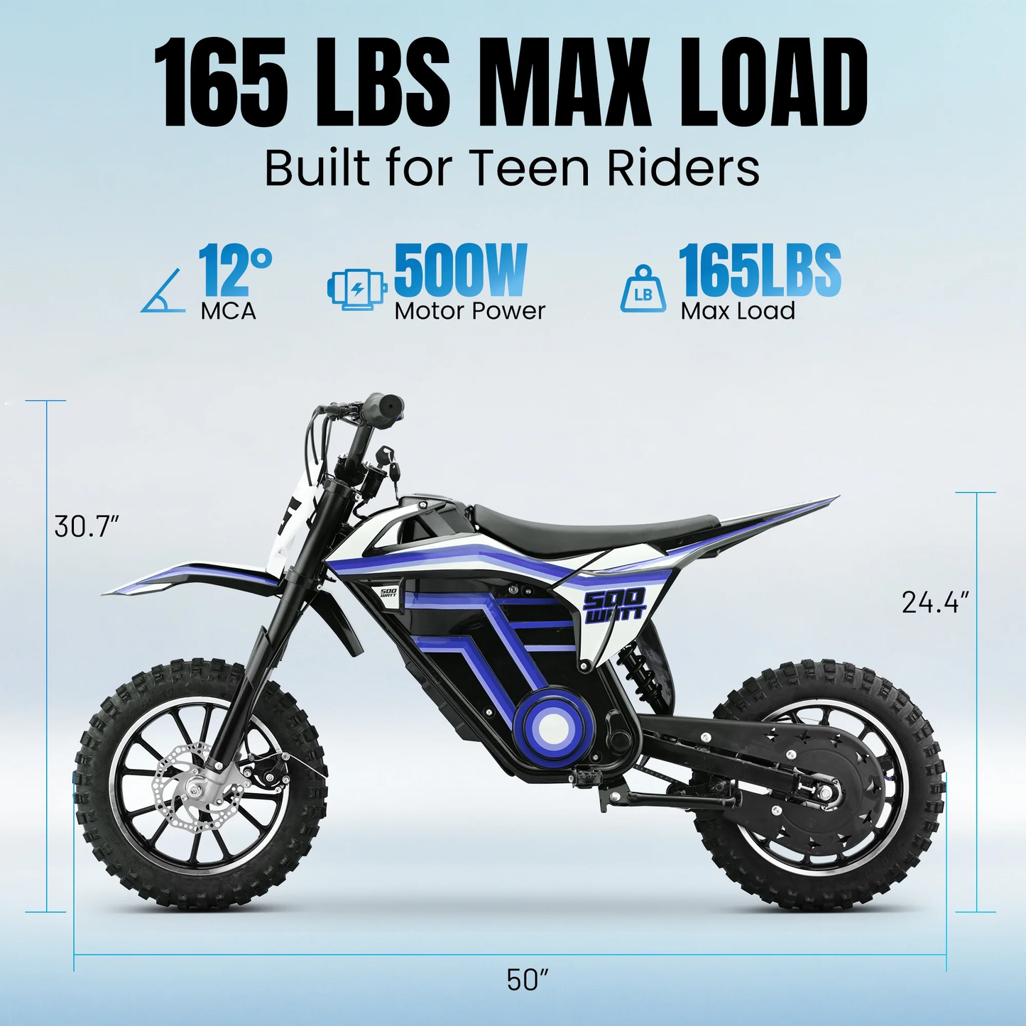 QEASET Motorcycle, Motorized Dirt Bikes for kids 8-14, 36V 500W – 15.5 MPH Top Speed, Dual Suspension, Blue