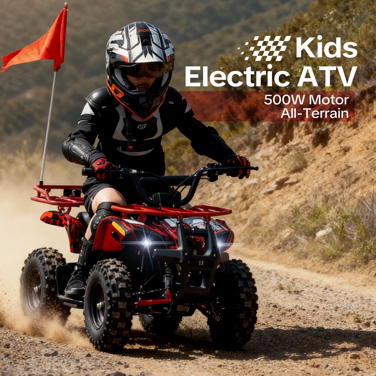 QEASET 500W 36V Battery Ride-On Off-Road 4-Wheeler – 15-Mile Range, Flame