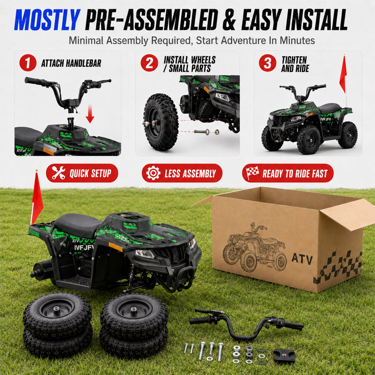 36V Electric 500W Motor 4-Wheeler with Front & Rear Suspension, IVFJFV Electric 4-wheel Off-Road Tires & Safety Flag & LED Headlights,Power Ride on Car for Age 6+