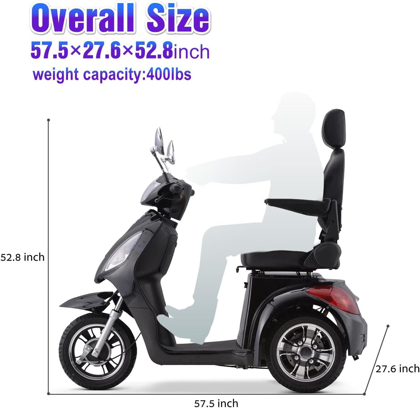 Super Large Electric 3 Wheel Mobility Scooters, Heavy Duty 800W Wheelchair Device, 500 LBS Capacity for Seniors & Adults, Speed Adjust, Remote Key, Receive Ready to Ride.（Black）