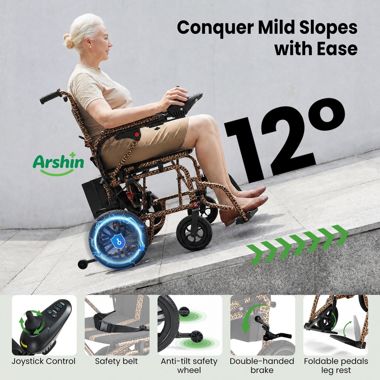 Arshin Electric Wheelchair Lightweight Foldable,20+ Miles Electric Wheelchairs for Adults,360°Joystick Motorized Wheelchair,286+ lbs Capacity,Leopard Brown