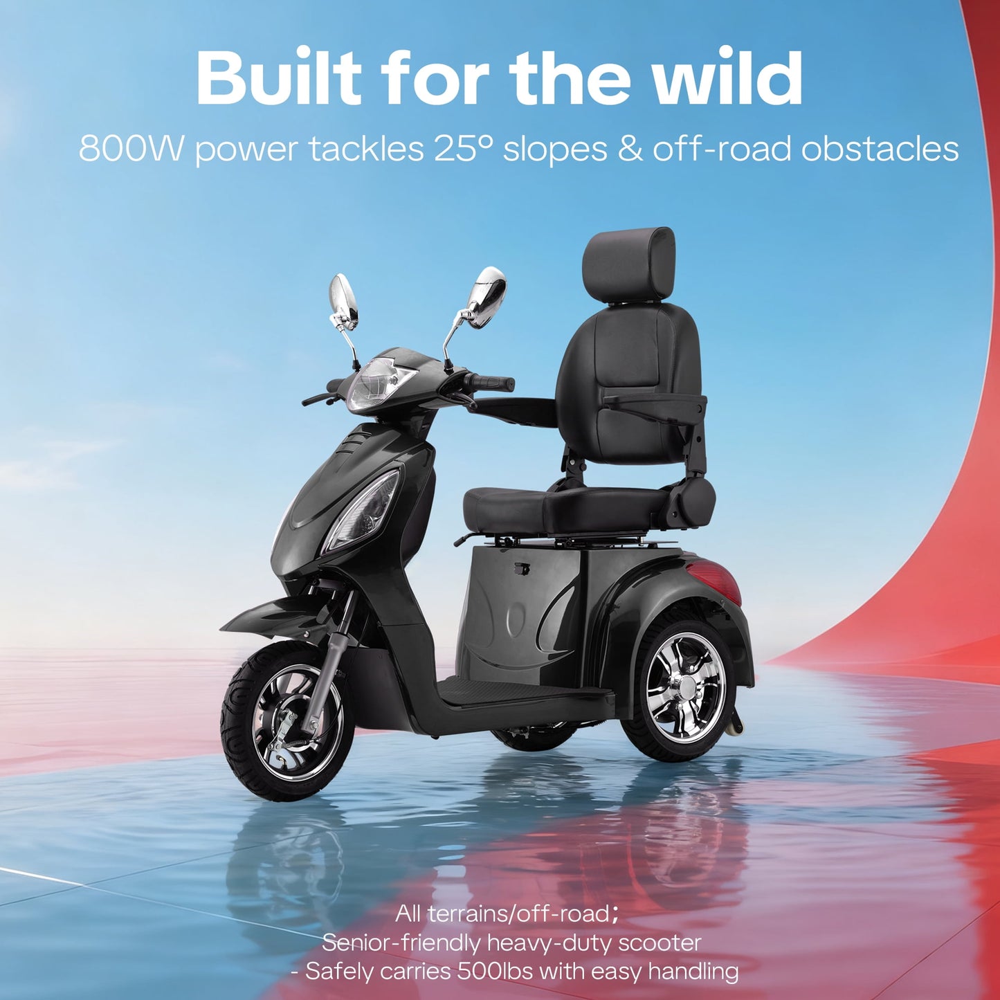 Heavy Duty 3 Wheel Mobility Scooters for Seniors & Adults 500lbs Capacity,Arshin Electric Powered Wheelchair Device,800W All Terrain Fast Mobility Scooter,31 Miles Long Range Battery(Black)