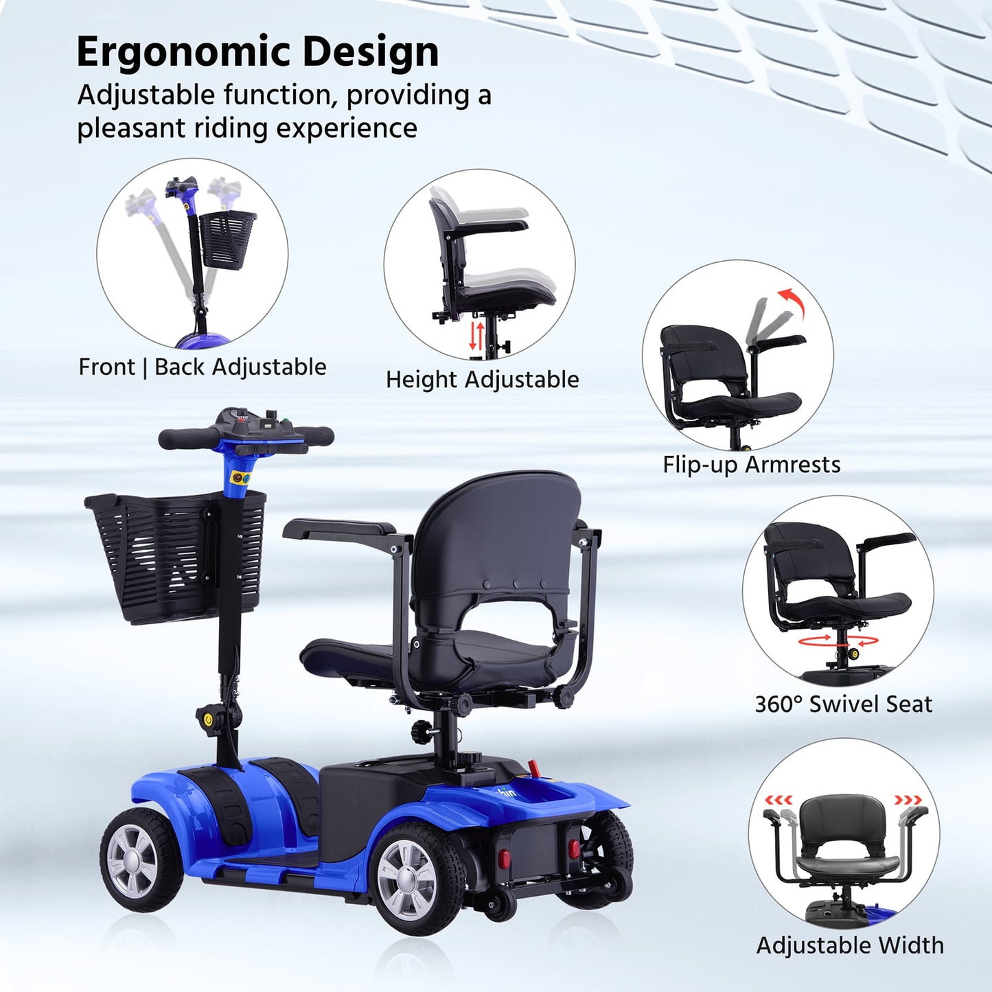 Upgrade 4 Wheels Mobility Scooters for Seniors & Adult,Foldable Electric Wheelchair for Adult,All Terrain Motorized Scooters with 300 LBS,Long Travel Range,Basket,Rotating Seat,Blue