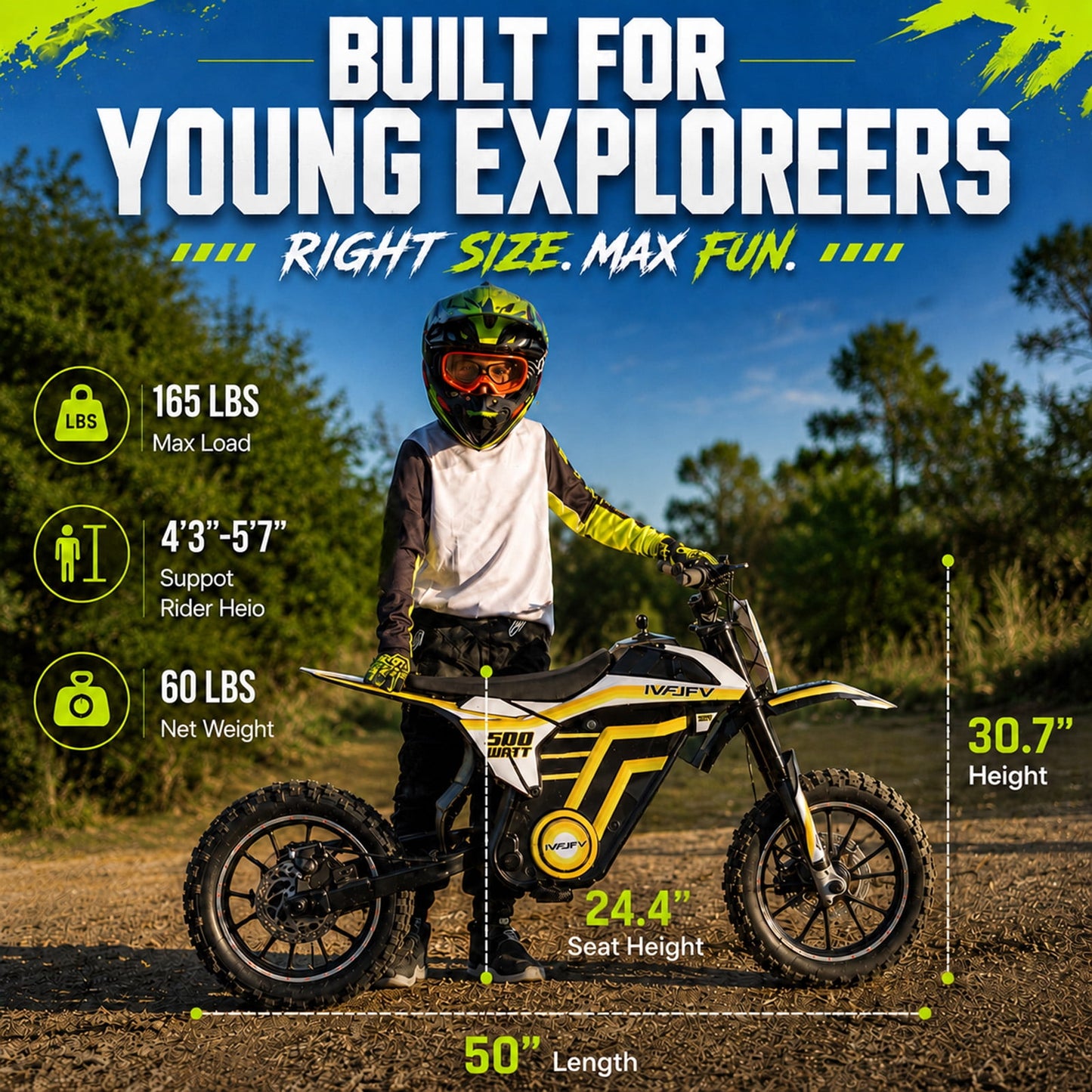 IVFJFV 500W Electric Dirt Bike for Kids,Up to 17.4MPH & 23.6 Miles,Two Speed Modes, Front & Rear Suspension,Mechanical Disc Brakes, 165 LBS,Beginner-Friendly Handle, All-Terrain,YELLOW