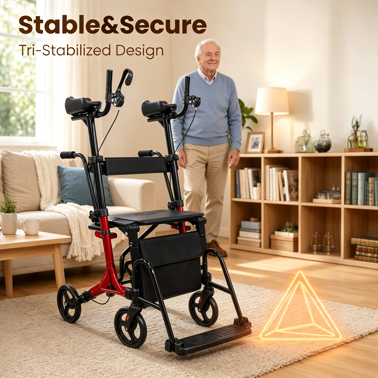 Arshin Foldable Rollator Walker with Seat for Seniors–450 lbs Heavy-Duty Support,Lightweight 19 lbs,10" All-Terrain Wheels for Indoor & Outdoor Use,Adjustable Handles,Compact Fold(Red)