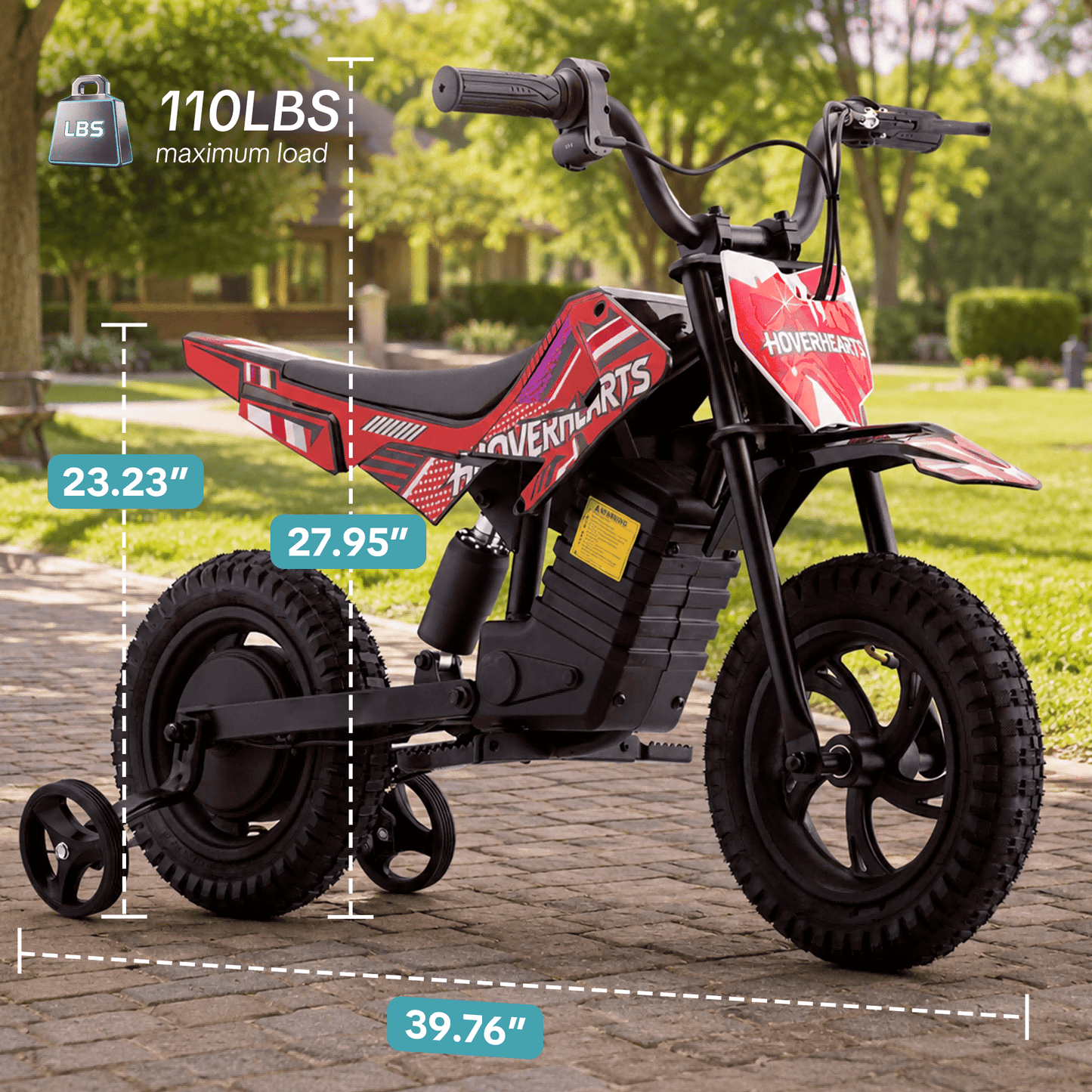 QEASET Dirt Rocket - Red with Decals, up to 6.21 mph, 24V Electric Dirt Bike for Child 8+