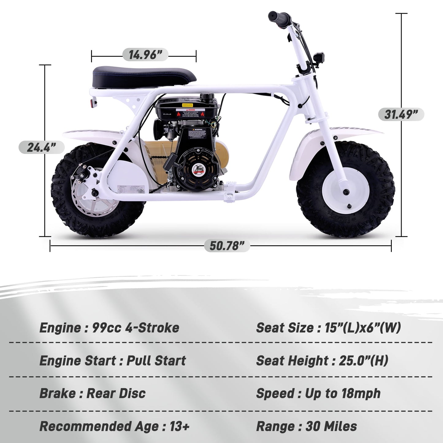 Aoemoe 99CC MB001 Gasoline Mini Dirt Bike,4-Stroke 18MPH Off Road Motorcycle, Weight Support Up to 165 LBS - White