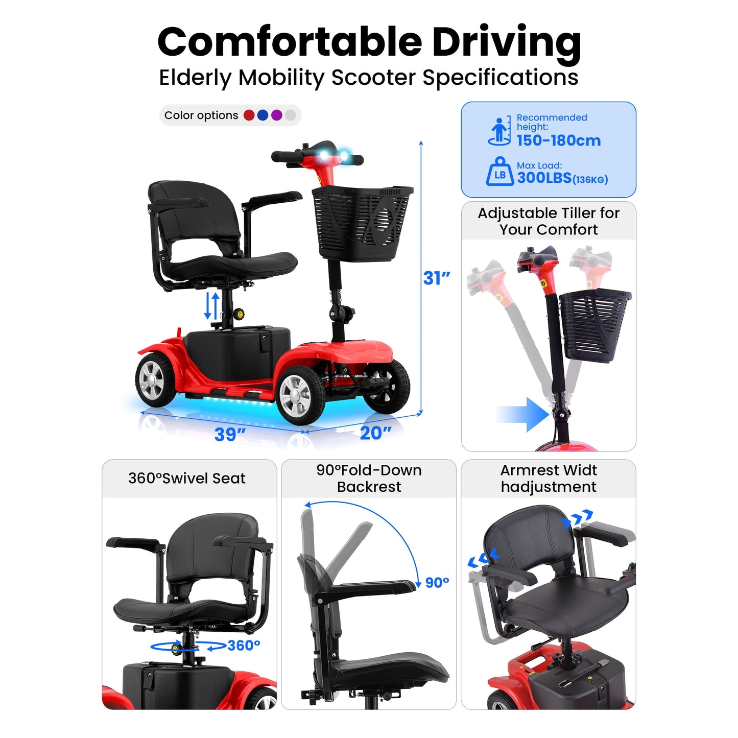 QEASET 4 Wheel Mobility Scooter,Mobility Scooter for Adults, Senior, Electric Powered Chargeable Device for Travel,Mother's Day gift