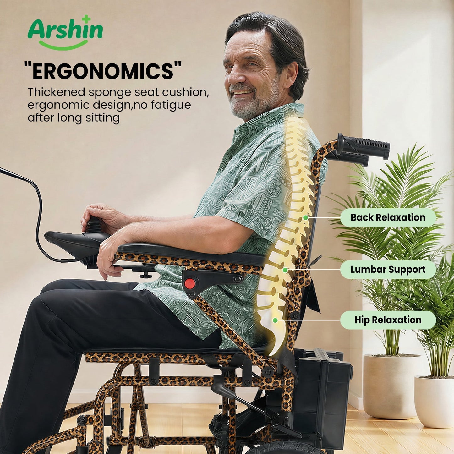 Arshin Electric Wheelchair Lightweight Foldable,20+ Miles Electric Wheelchairs for Adults,360°Joystick Motorized Wheelchair,286+ lbs Capacity,Leopard Brown