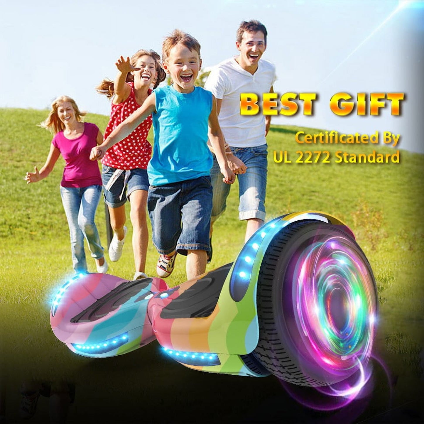 Flash Wheel Hoverboard 6.5" Bluetooth Speaker with LED Light Self Balancing Wheel Electric Scooter, Rainbow Wave