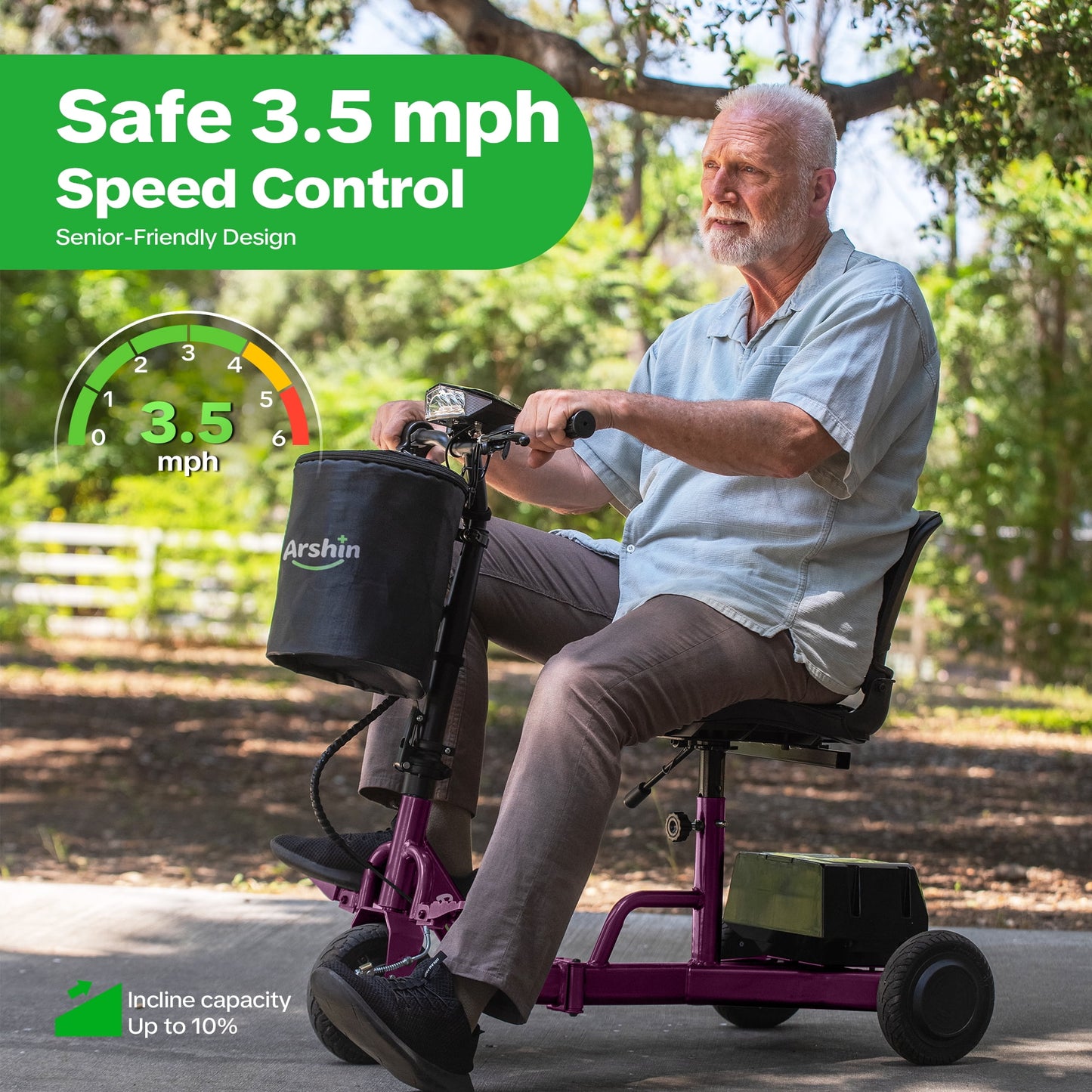 Ultra-Lightweight Foldable Mobility Scooters for Seniors & Adults,All Terrain Mobility Scooter with 300lbs,Arshin Electric Wheelchair Strong Device for Travel,2 Batteries,Variable Speed(Purple)