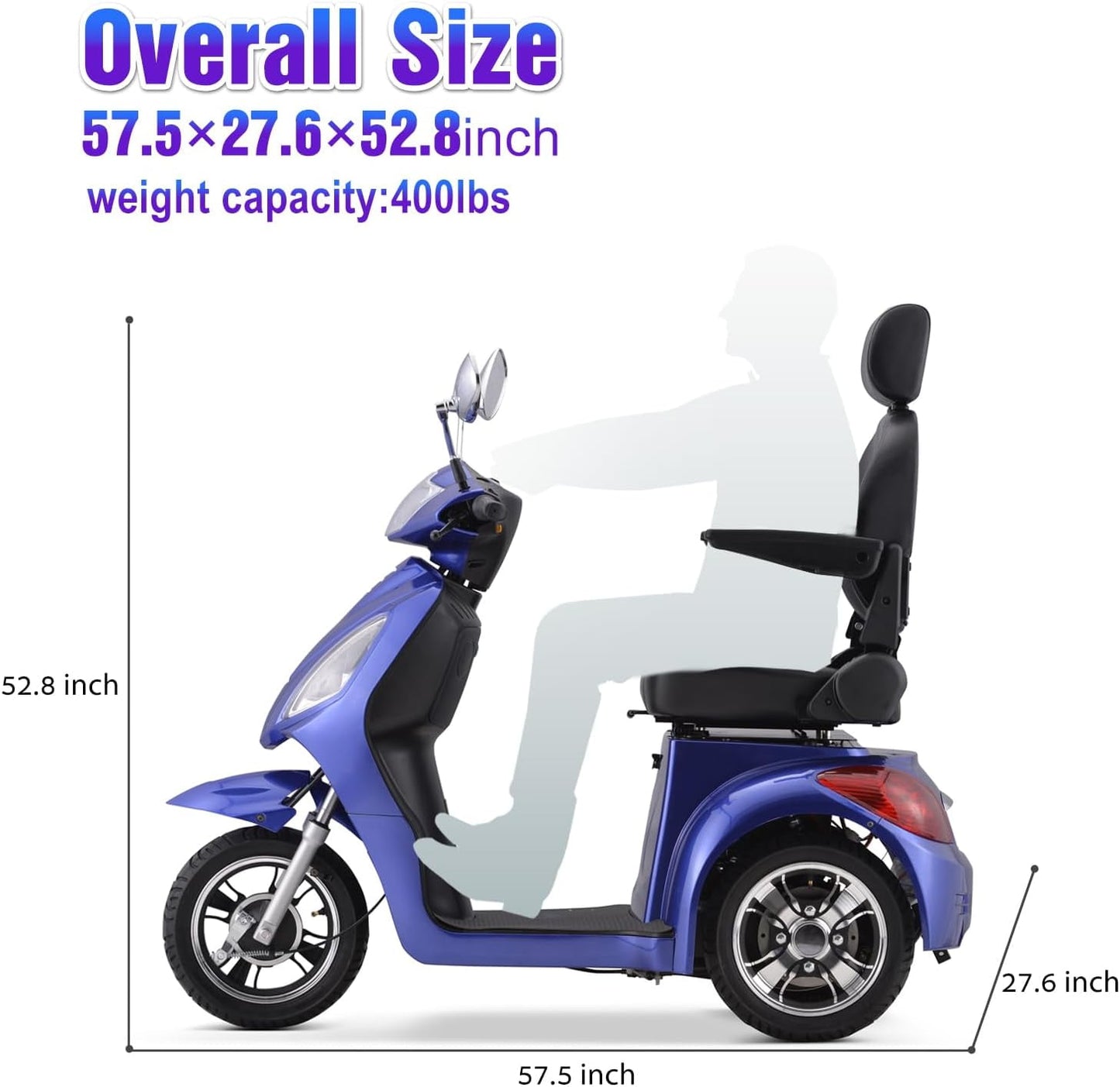 Super Large Electric 3 Wheel Mobility Scooters, Heavy Duty 800W Wheelchair Device, 500 LBS Capacity for Seniors & Adults, Speed Adjust, Remote Key, Receive Ready to Ride.（Blue）