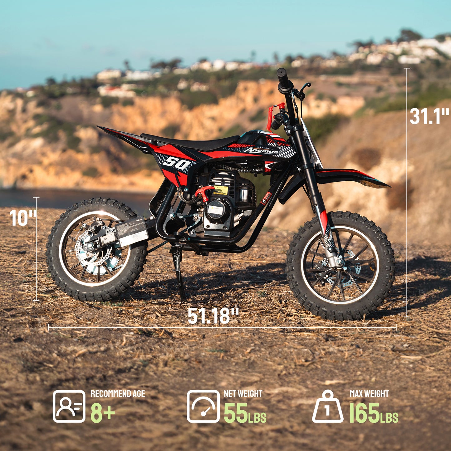 Aoemoe Gas Dirt Bike, 40cc 4-Stroke Gas Powered Kids Off Road Motorcycle (Model-DB4S004) with Off-Road Tire, Suspensions, Disc Brakes, Max Load 165Lbs, Up to 25Mph, NO OIL MIX REQUIRED