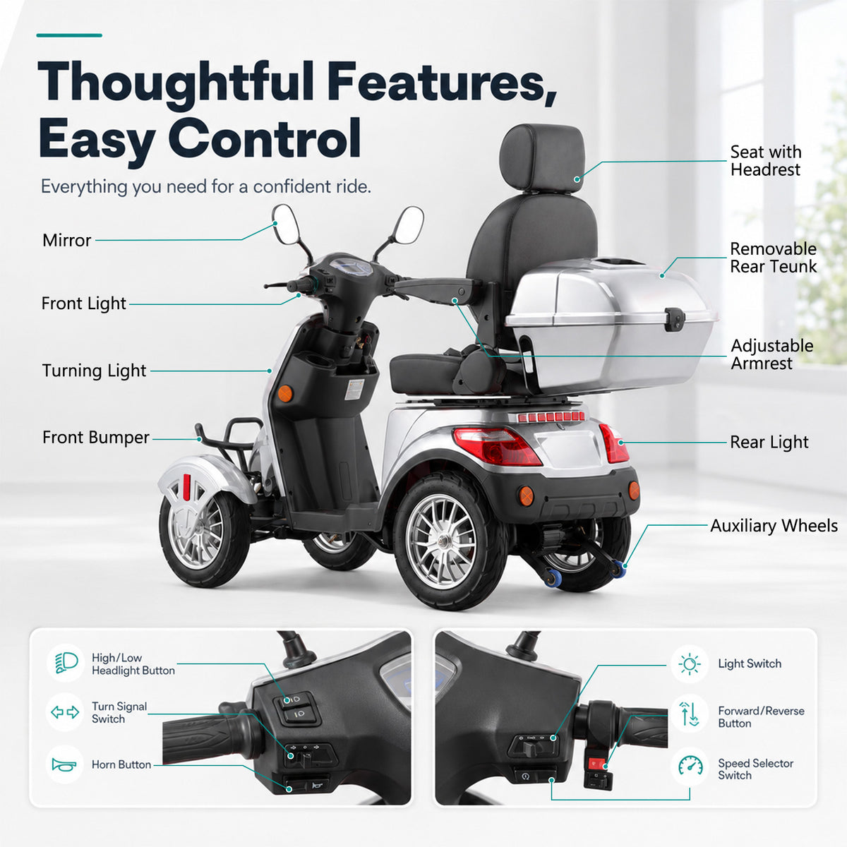 LiltJan Electric Mobility Scooter for Adults Seniors, Heavy Duty 4 Wheel All Terrain Scooter with 800W Brushless Motor, 500 lbs Capacity, 31 Miles Range, 15 MPH Adjustable Speed, Full Suspension
