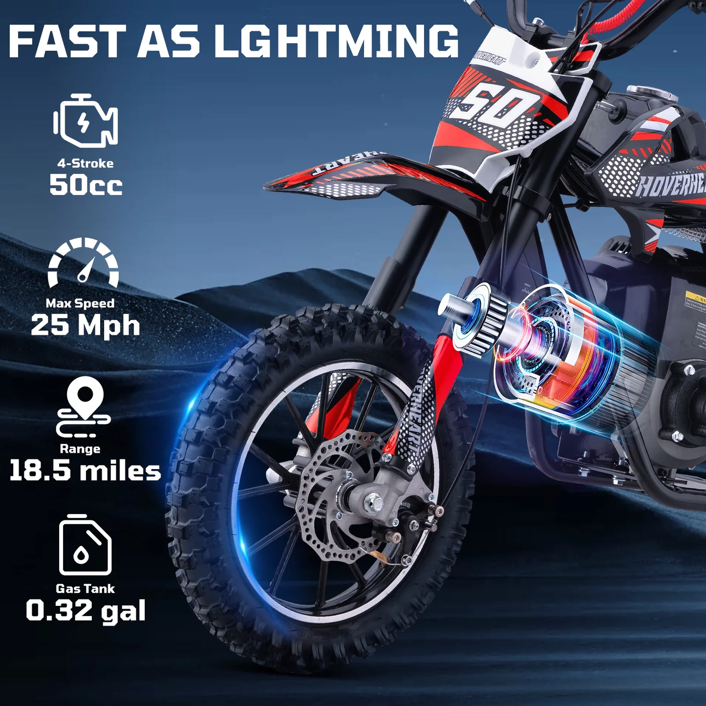 Aoemoe Gas Dirt Bike, 50cc 4-Stroke Gas Powered Kids Off Road Motorcycle (Model-DB4S004) with Off-Road Tire, Suspensions, Disc Brakes, Max Load 165Lbs, Up to 25Mph, NO OIL MIX REQUIRED