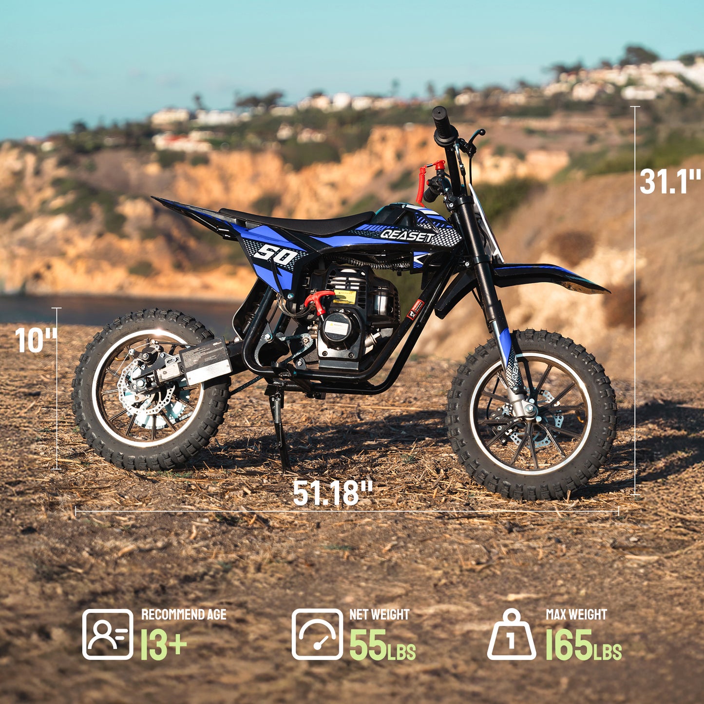 QEASET Gas Dirt Bike for Adults & Teens, 49CC 4-Stroke Gas Powered Mini Bike, Max Speed 25mph, Age13+(Blue)