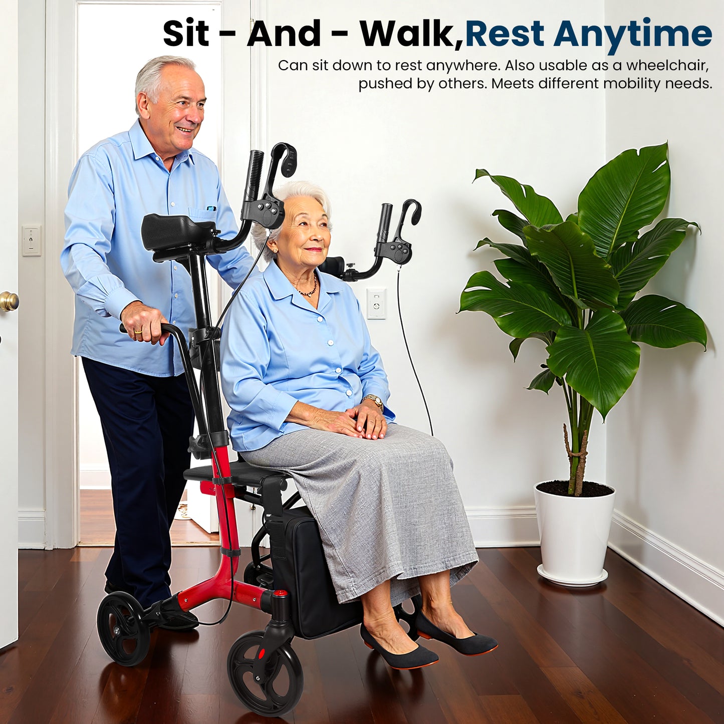MOSTA All Terrain Upright Walker with Flat-Free Solid Rubber Tires - Outdoor Stand Up Walker for Seniors - Tall Standing Rollator with Seat