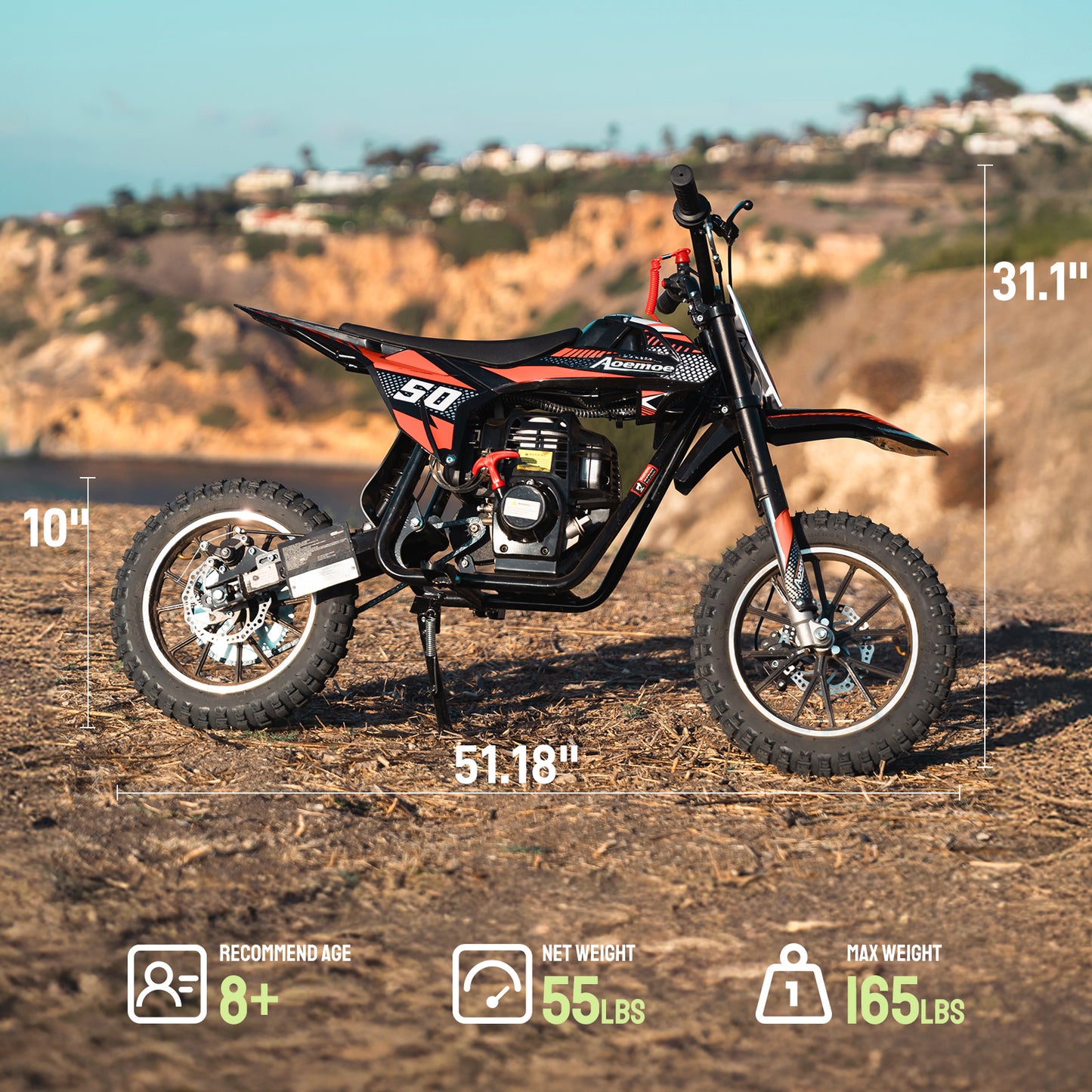 Aoemoe Gas Dirt Bike, 50cc 4-Stroke Gas Powered Kids Off Road Motorcycle (Model-DB4S004) with Off-Road Tire, Suspensions, Disc Brakes, Max Load 165Lbs, Up to 25Mph, NO OIL MIX REQUIRED