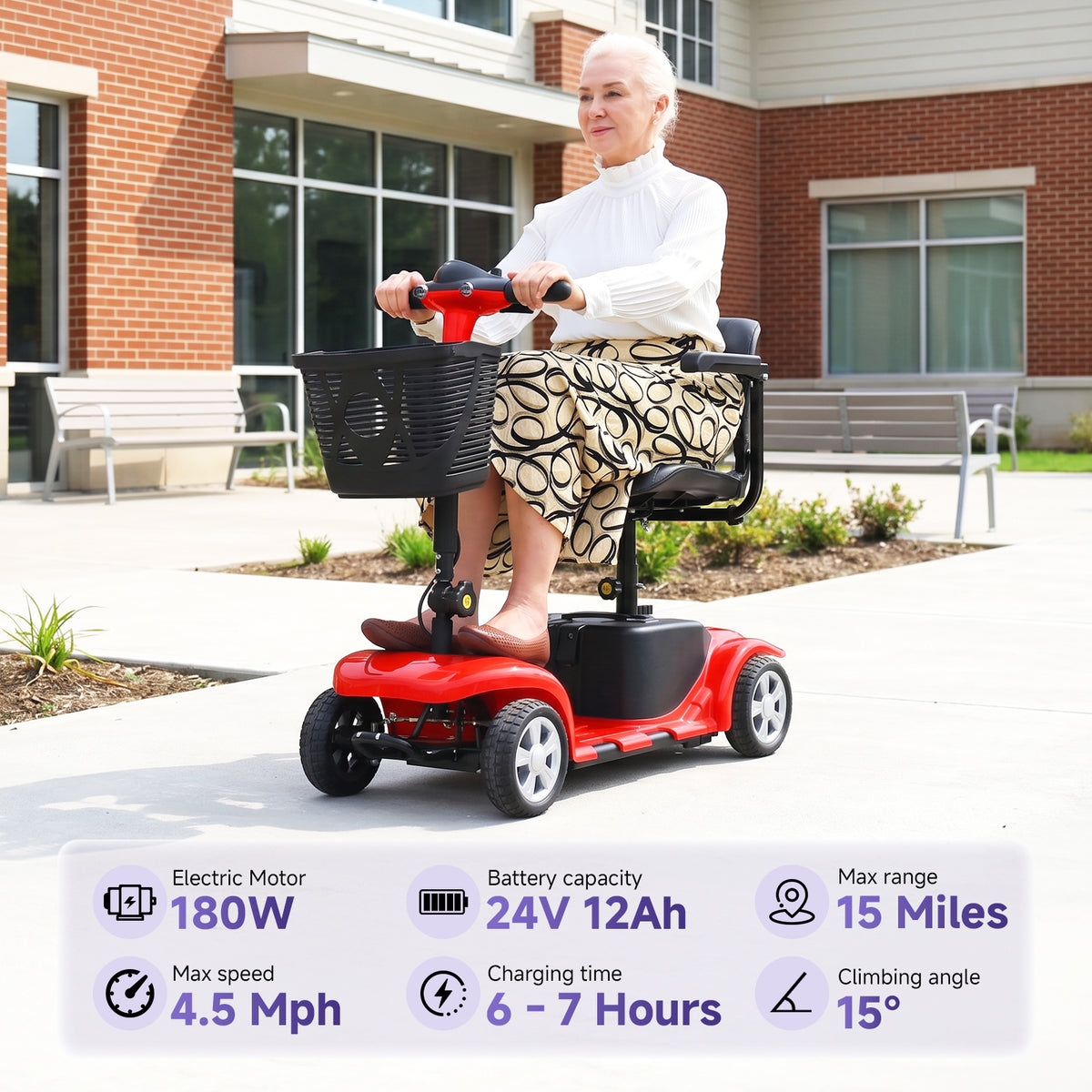 LiltJan Foldable Mobility Scooter for Adults Elderly– 4-Wheel Portable Motorized Scooter with 300 lbs Capacity, Detachable Battery，Including Charger Red