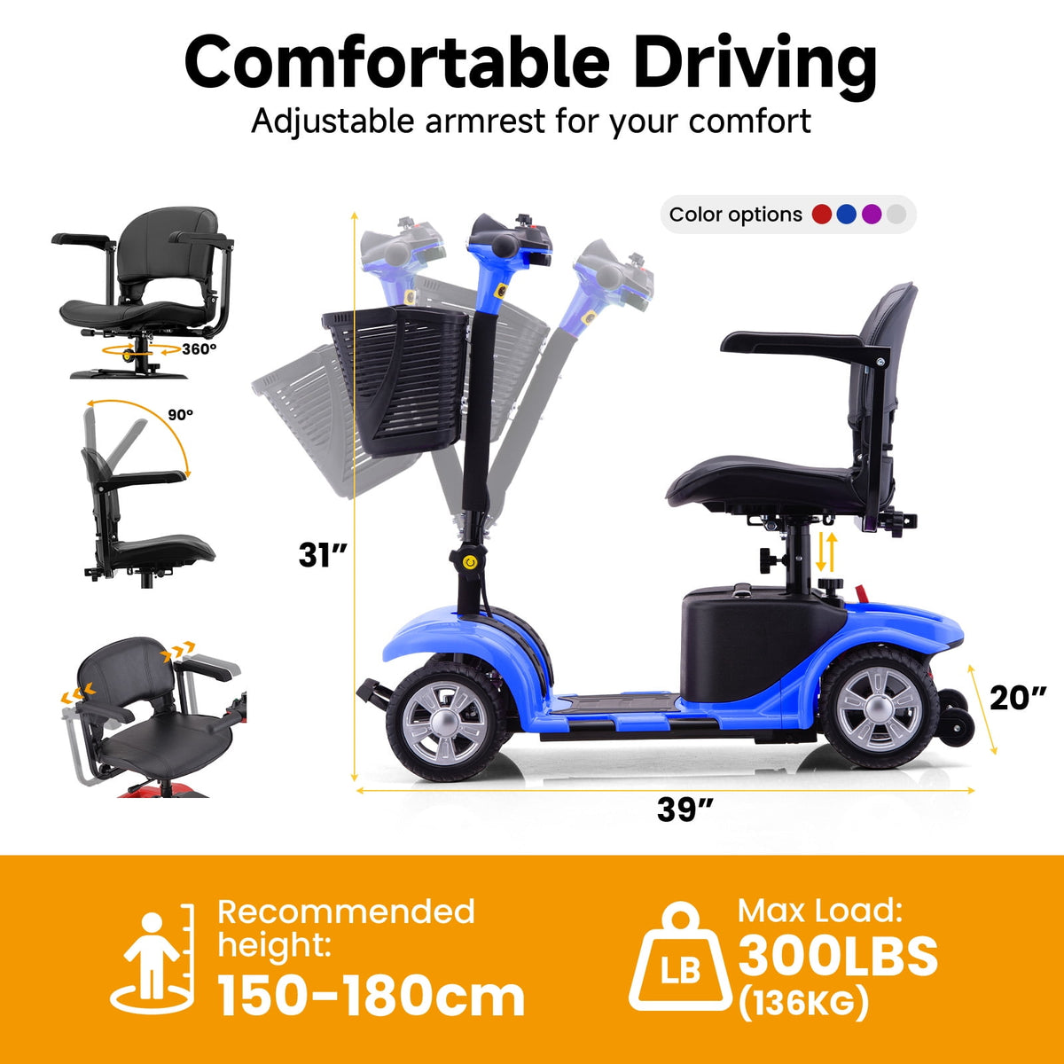 Ostrina Elderly 4-Wheel Mobility Scooter-Removable Battery,All-Terrain Foldable Power Wheelchair for Adults,300 lbs Capacity(Blue)+ FREE Phone & Cup Holders