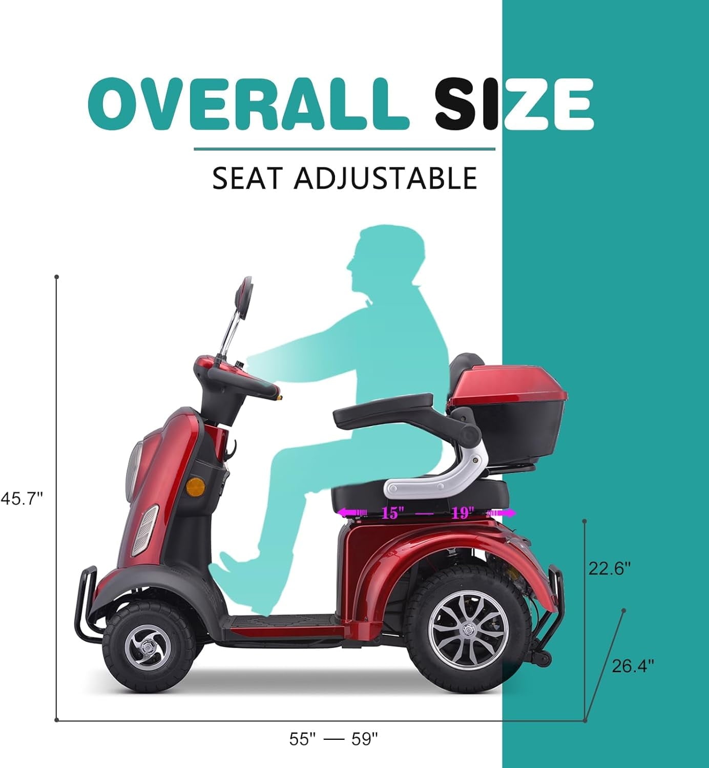 Aoemoe 4-Wheel Mobility Scooter, Electric Heavy Duty Wheelchair, 500 Lb Limit, Red