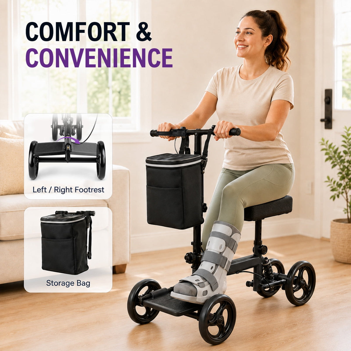 Knee Walker Scooter, All-Terrain-Free Foldable Mobility Aid with Brake & Bag, Black