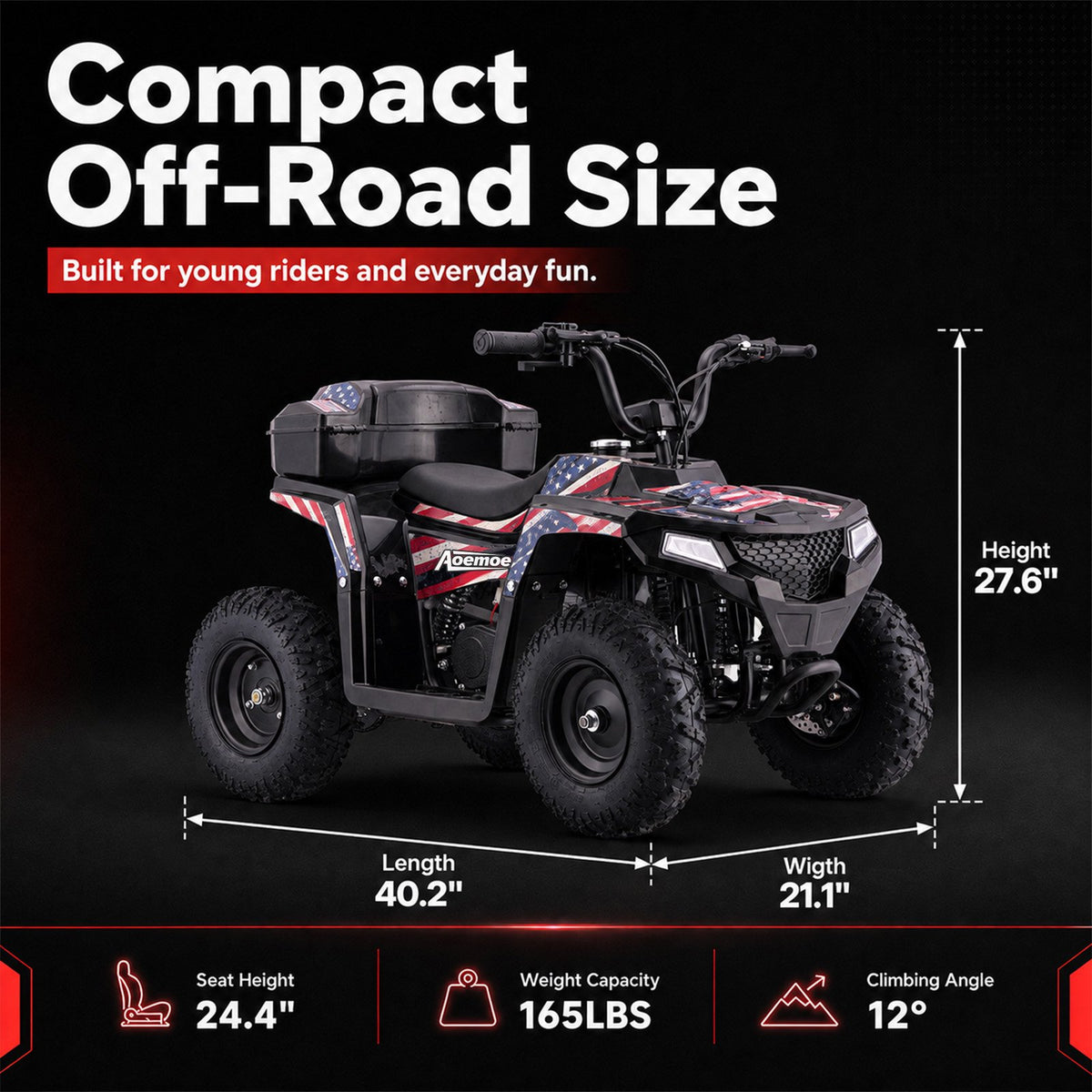 Aoemoe 40cc 4-Stroke Youth Ride-On for Ages 13+, Fuel Powered Pull Start with Front & Rear Disc Brakes, Adjustable Top Speed Up to 15 MPH, Safety Flag & Parental Speed Control, Flag