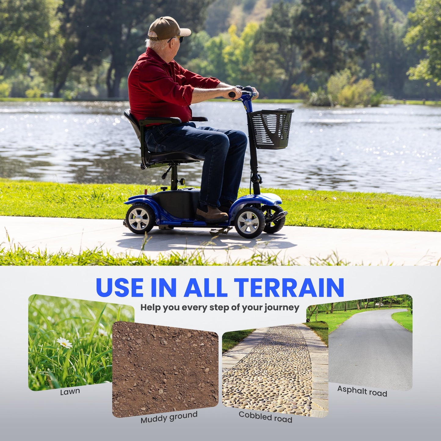 Arshin 4 Wheels Mobility Scooter with USB Port for Seniors,Electric Folding Wheelchair Device for Travel,Blue