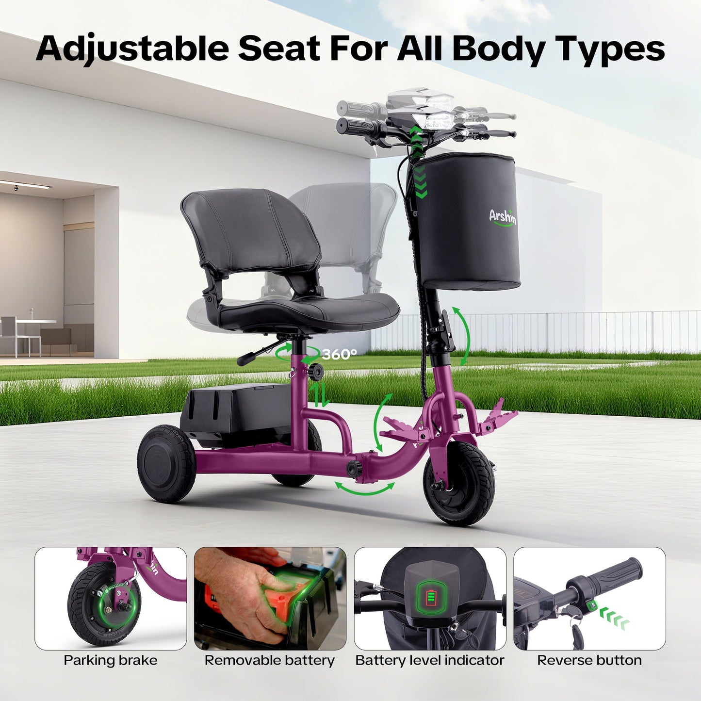 Aoemoe Fold-N-Go 3-Wheel Electric Mobility Scooter – 50 lbs Ultra-Light, Dual Battery, 300 lb Capacity, Cruise & Travel Approved, Purple