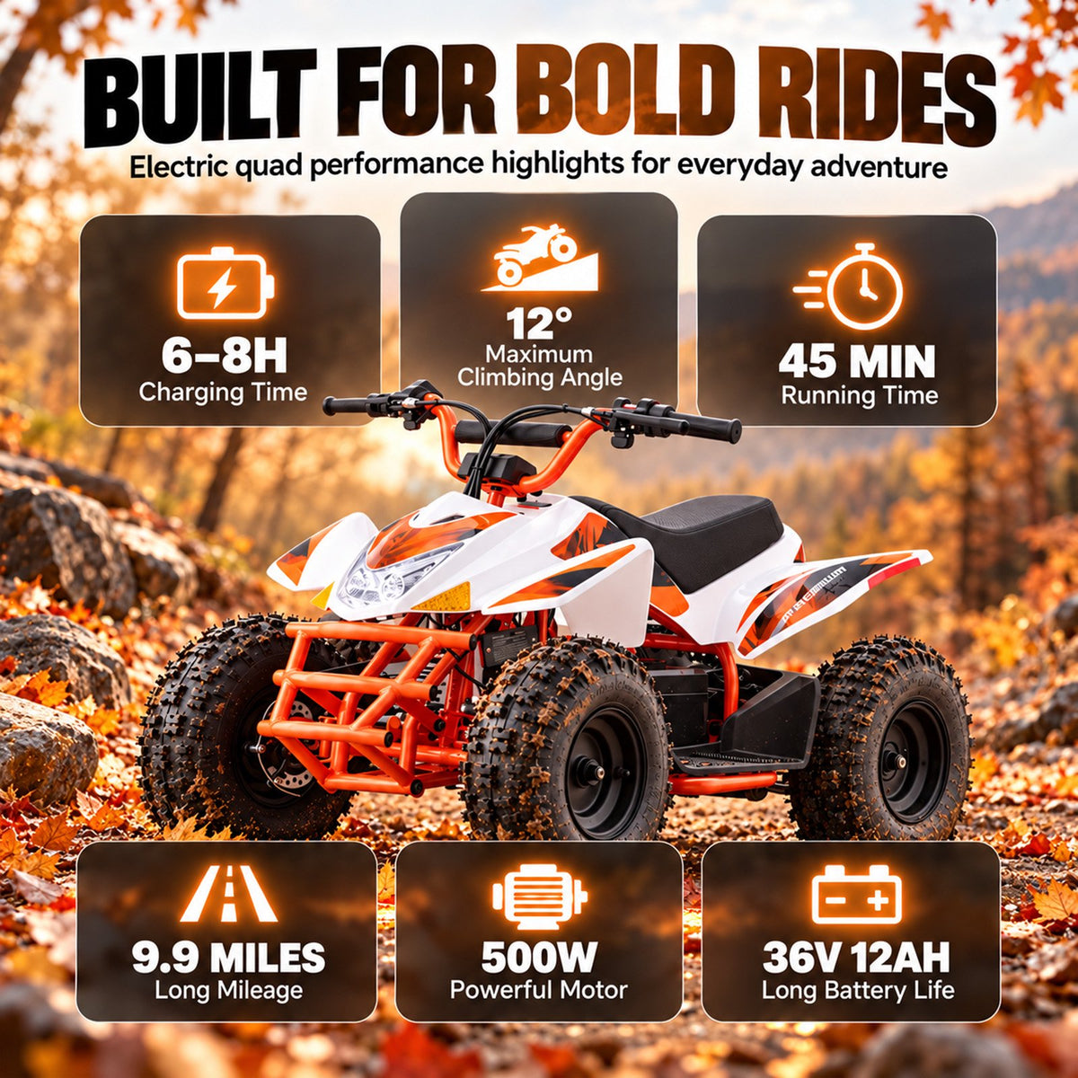 IVFJFV Powered 4 Wheeler,500W Electric 4 Wheeler with Dual Speed Adjustment,36V Four Wheeler Max 15 MPH, Front & Rear Shock Absorbers, All-Terrain Tires and Safety Disc Brake,ORANGE
