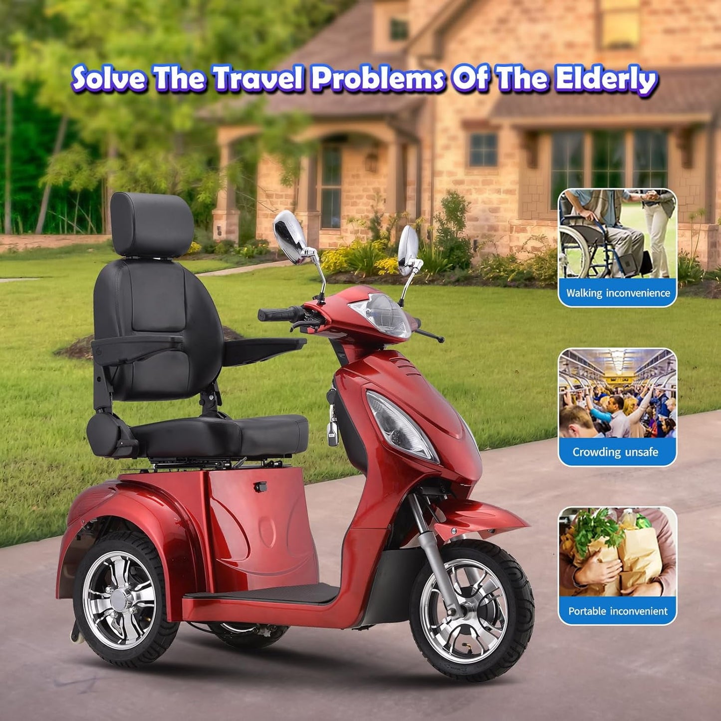 Super Large Electric 3 Wheel Mobility Scooters, Heavy Duty 800W Wheelchair Device, 500 LBS Capacity for Seniors & Adults, Speed Adjust, Remote Key, Receive Ready to Ride.（Red）