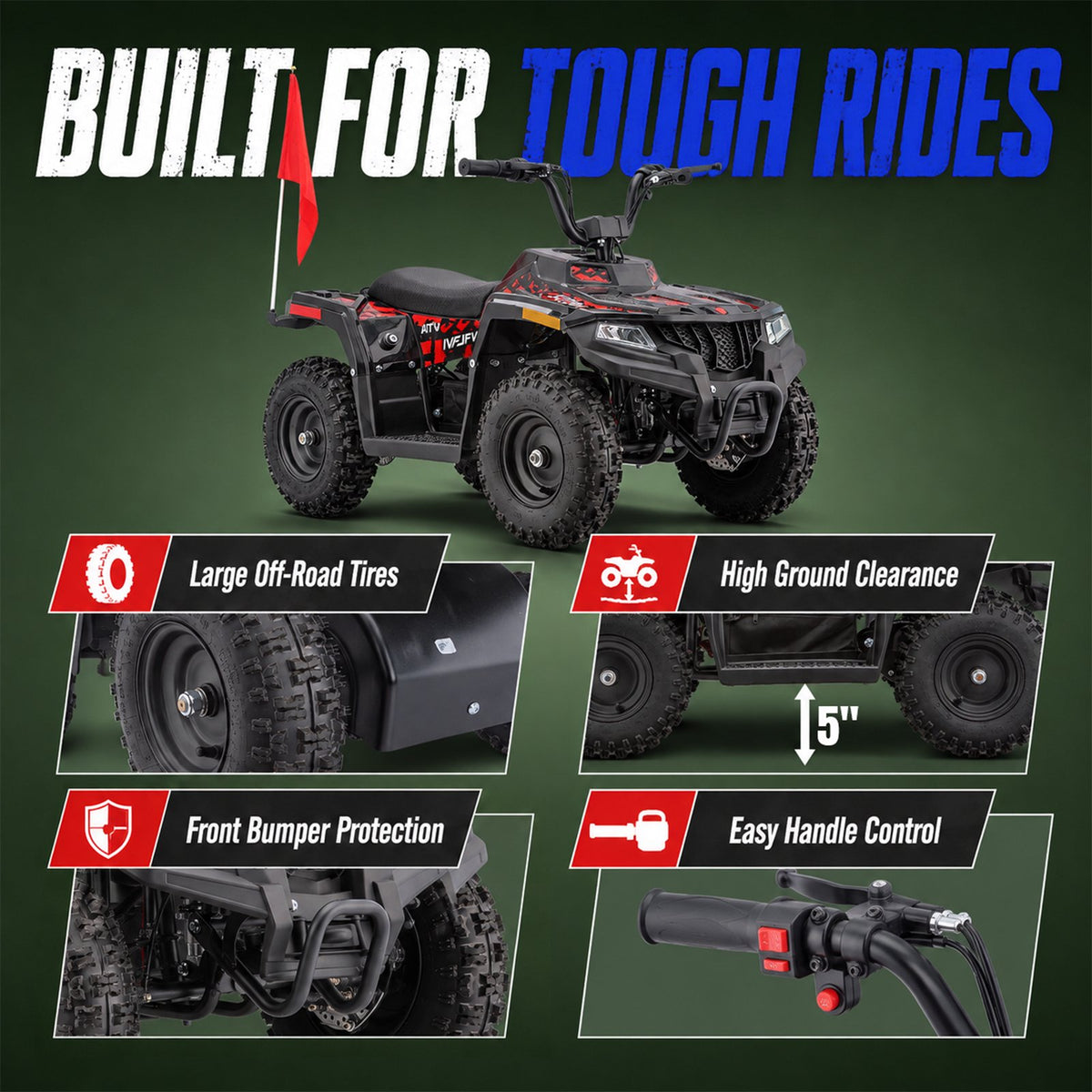 36V Electric 500W Motor 4-Wheeler with Front & Rear Suspension, IVFJFV Electric 4-wheel Off-Road Tires & Safety Flag & LED Headlights,Power Ride on Car for Age 6+