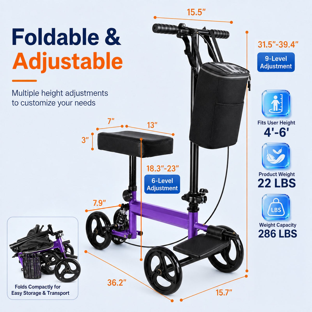 Ostrina Knee Scooter,All Terrain Foldable Knee Scooter Walker,Disc Brake Knee Walker for Foot Injuries,Compact Crutches Alternative