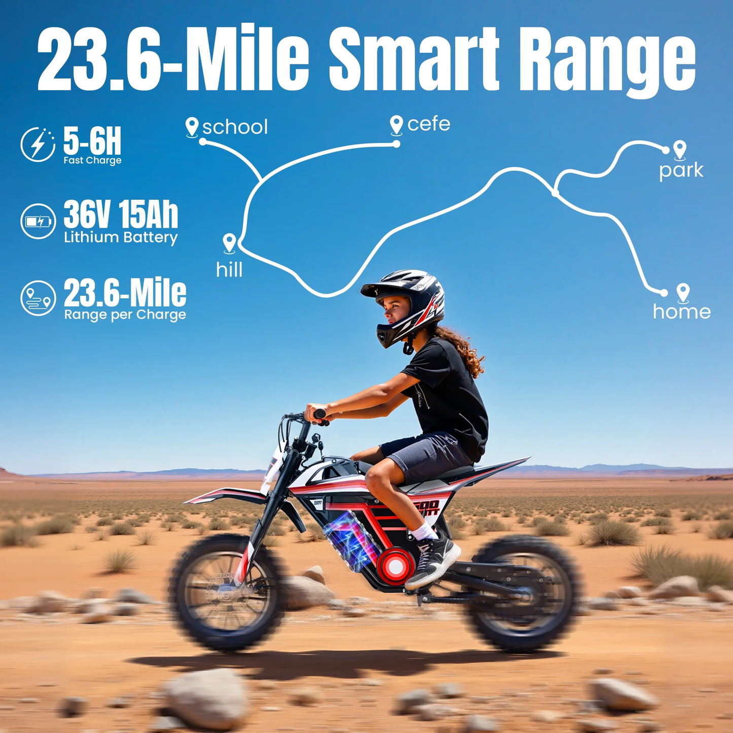 Aoemoe Motorcycle, Motorized Dirt Bikes for kids 8-14, 36V 500W – 15 MPH Top Speed, Dual Suspension, Red