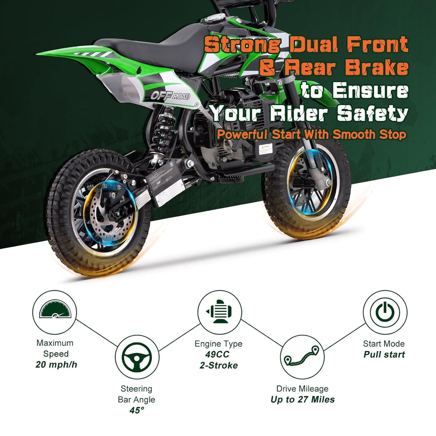WAWA 49CC Dirt Bike, Mini Bike 2-Stroke Gas Powered off Road with Max Speed 20MPH, Pull Start