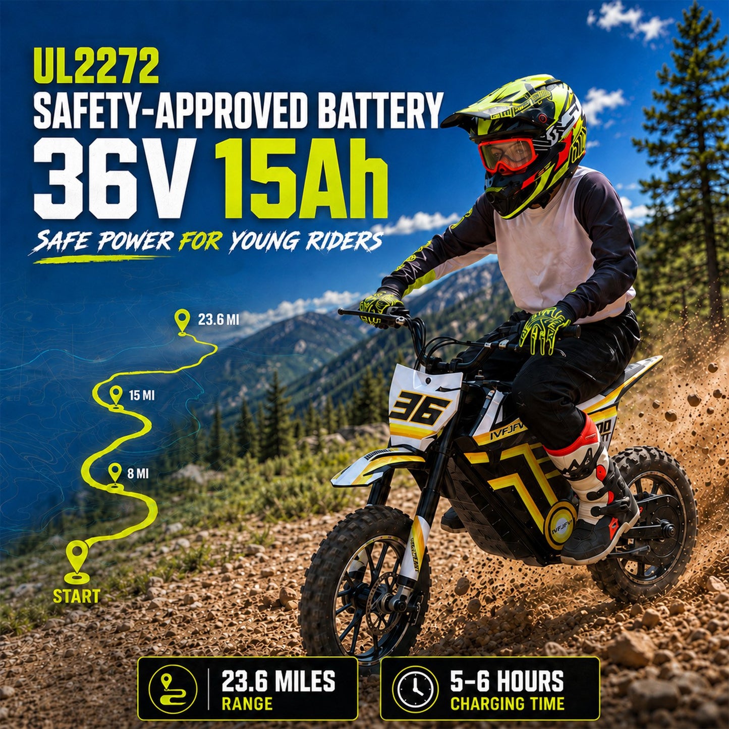 IVFJFV 500W Electric Dirt Bike for Kids,Up to 17.4MPH & 23.6 Miles,Two Speed Modes, Front & Rear Suspension,Mechanical Disc Brakes, 165 LBS,Beginner-Friendly Handle, All-Terrain,YELLOW