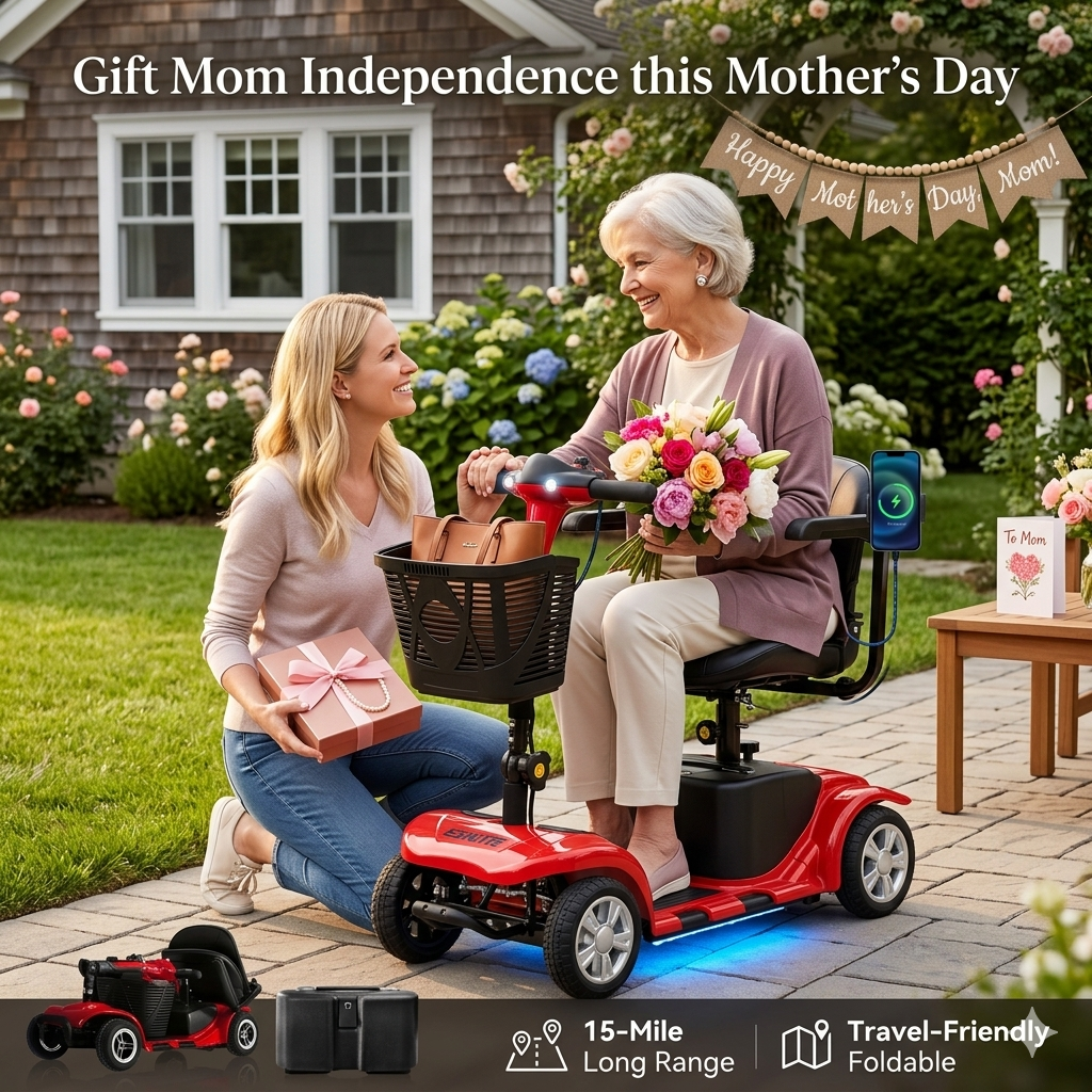 Mosta Adult, Senior Mobility Scooter, 4-wheel Electric Rechargeable Travel Device with LED Headlight and Basket, Including Charger, Red
