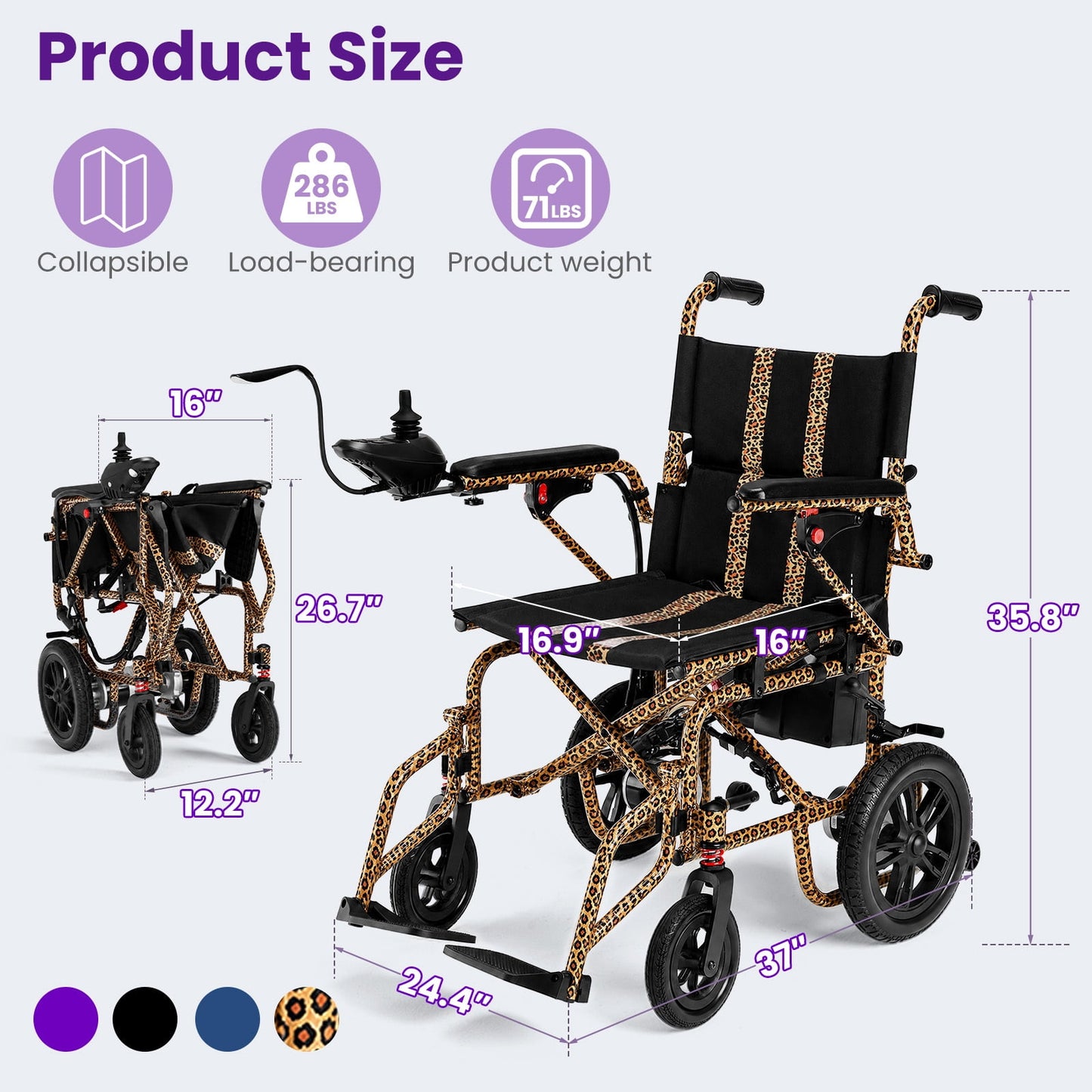 Upgrade 20+ Miles Range Electric Wheelchairs for Adults,Arshin Electric Wheelchair Lightweight Foldable with 360°Joystick,All Terrain Dual Motors Silent,USB Port,286+ lbs Capacity(Leopard Brown)