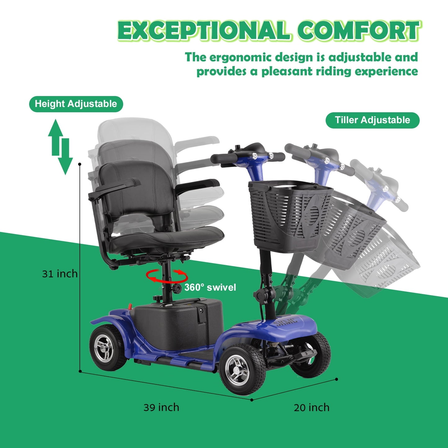 Aoemoe 4 Wheels Mobility Scooter for Adults, Senior Electric Powered Chargeable Device for Travel, Lightweight and Portable, with LED Headlights and Basket, Charger Included (Blue)