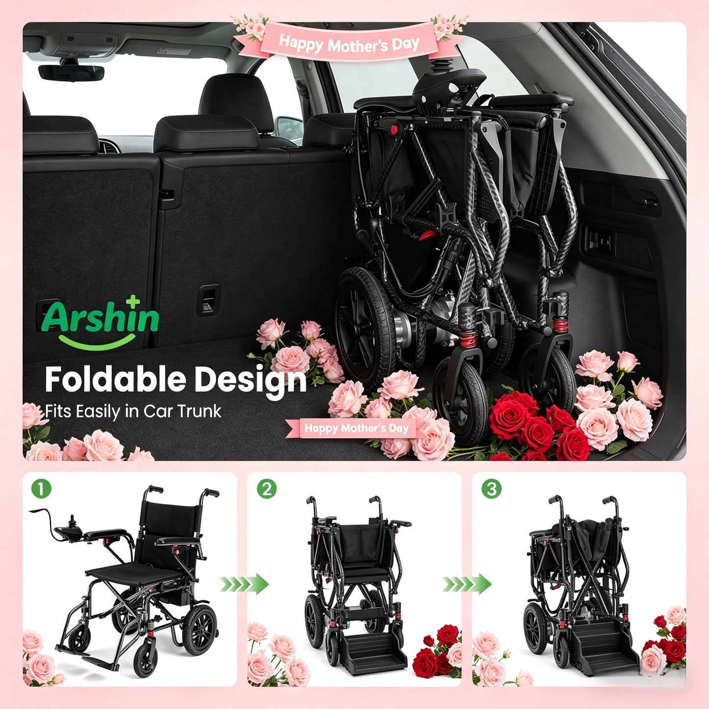Foldable Electric Wheelchair,20+ Miles,360°Joystick,Gift for Mom on Mother's Day(Black)
