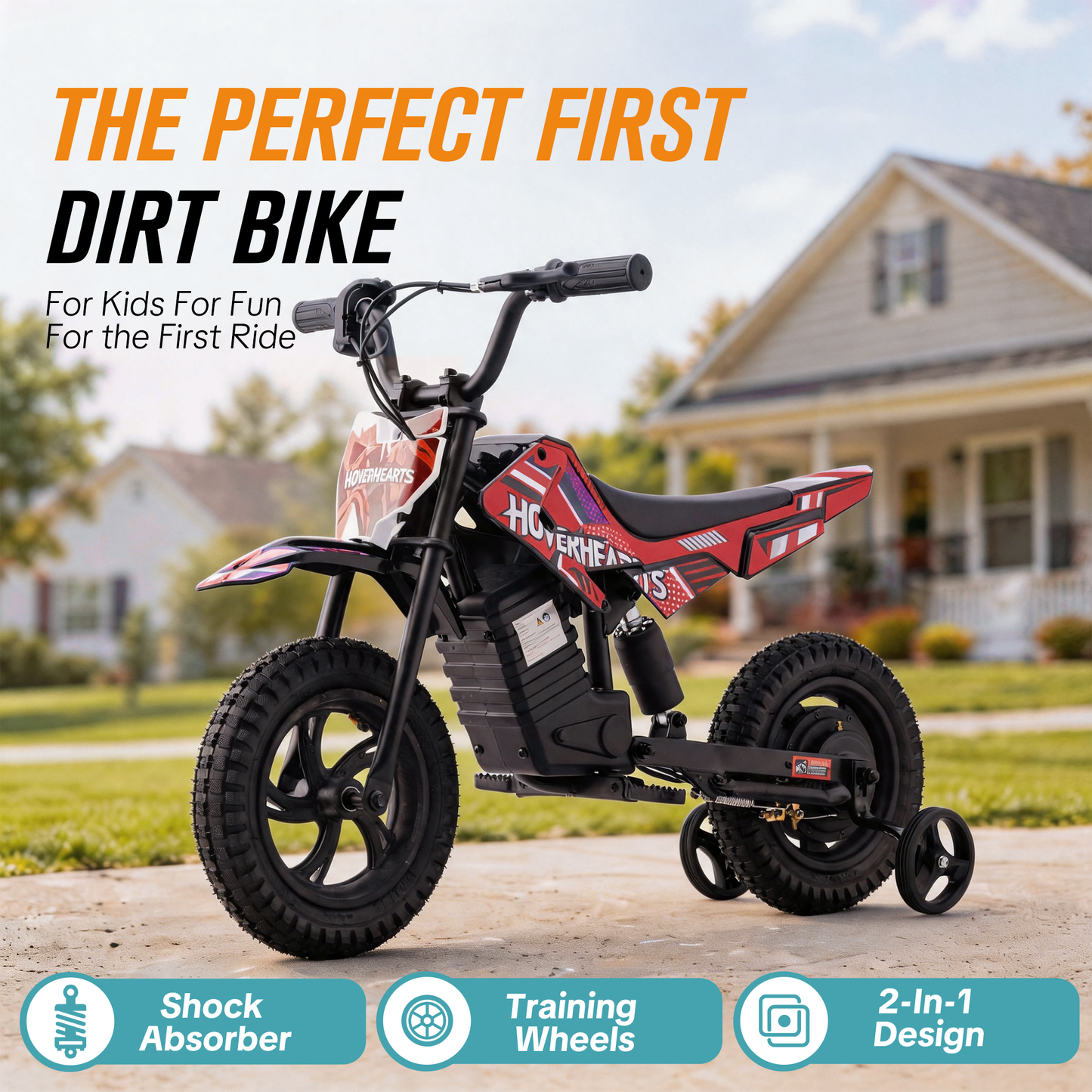 QEASET Dirt Rocket - Red with Decals, up to 6.21 mph, 24V Electric Dirt Bike for Child 8+
