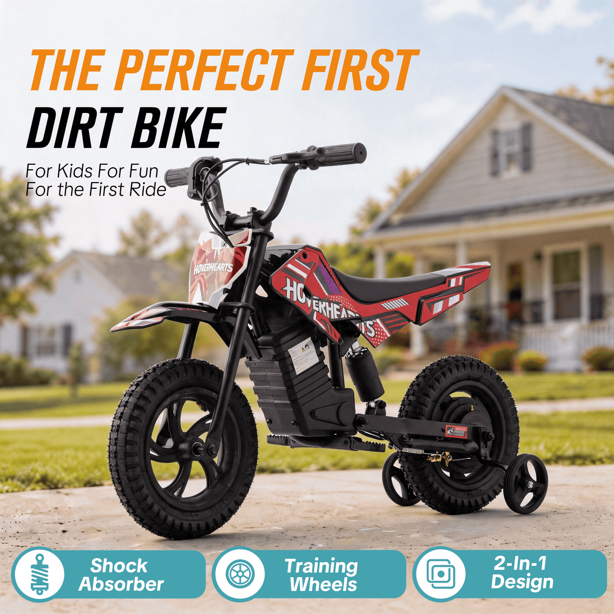 QEASET 24V Electric Mini Dirt Bike Ride-On Toy with Training Wheels, 120W Motor, 6.2 MPH Speed, Rechargeable Battery, Drum Brakes, Adjustable Seat, Outdoor Vehicle, Red