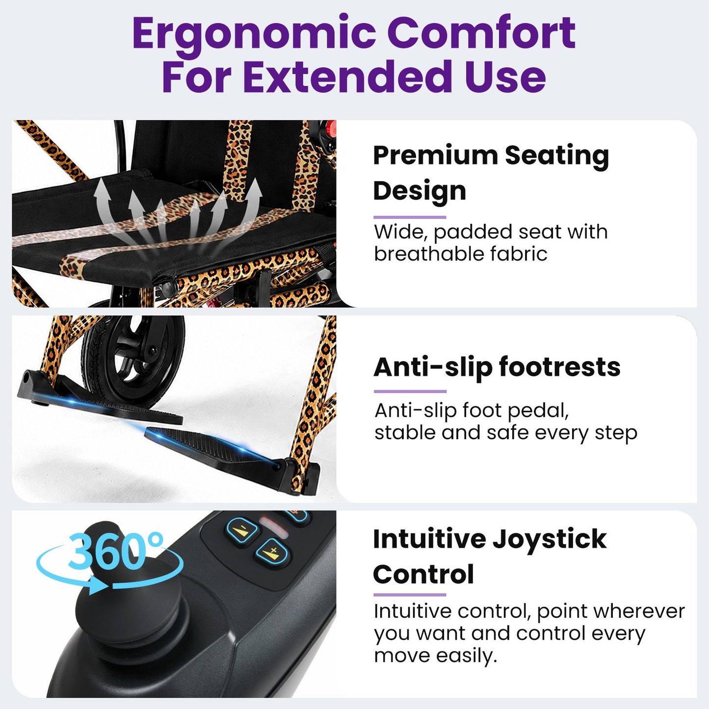 Electric Wheelchair, All Terrain Smart Motorized Wheelchair, Senior-Friendly Power Chair with 360° Joystick, 20+ MilesLong-Range Mobility Scooter, Leopard Print