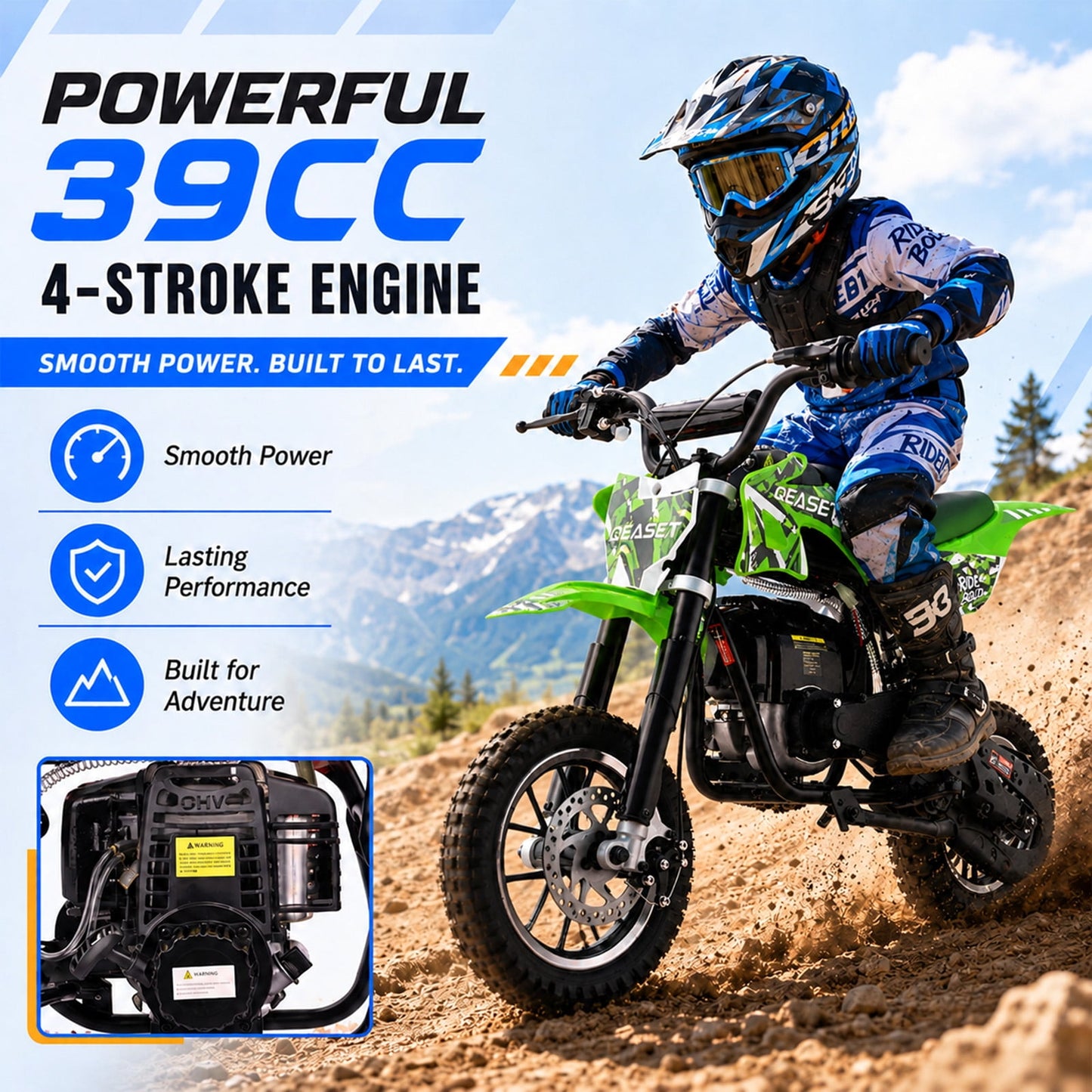 QEASET 39CC Dirt Bike, Mini Bike 4-Stroke Gas Powered off Road with Max Speed 20MPH, Pull Start