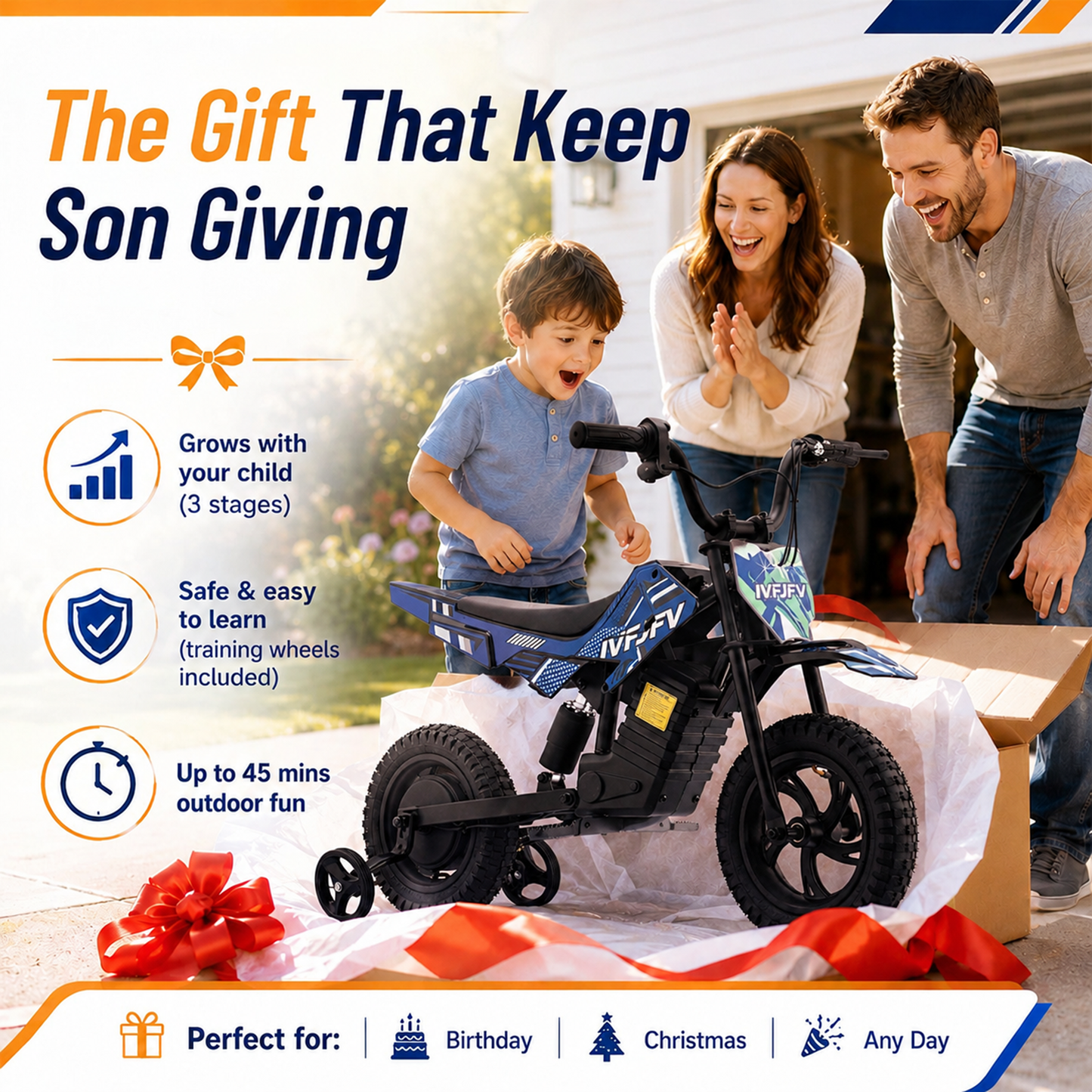 IVFJFV DZ06 Electric-Powered Dirt Bike,Motor Bike Rear-wheel drive with Removable Training Wheels,E Dirt Bike with 12.5" Tire & 120W Motor,6.2 Mph & 4.3 Miles,BLUE