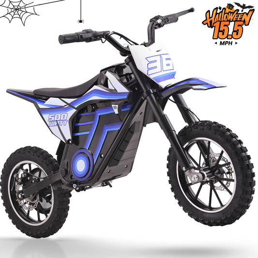 QEASET Motorcycle, Motorized Dirt Bikes for kids 8-14, 36V 500W – 15.5 MPH Top Speed, Dual Suspension, Blue