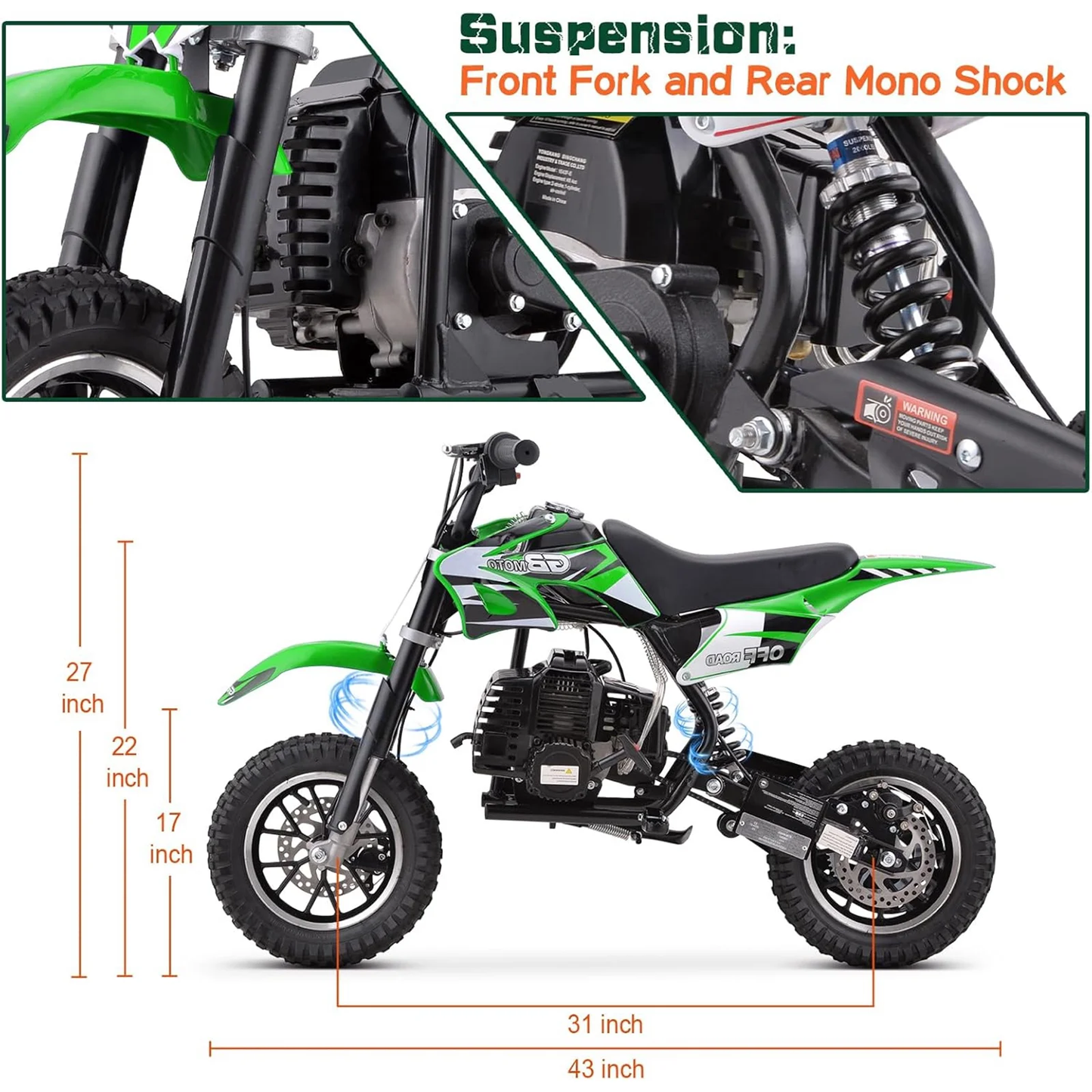 QEASET 49CC Dirt Bike, Mini Bike 2-Stroke Gas Powered off Road with Max Speed 20MPH, Pull Start