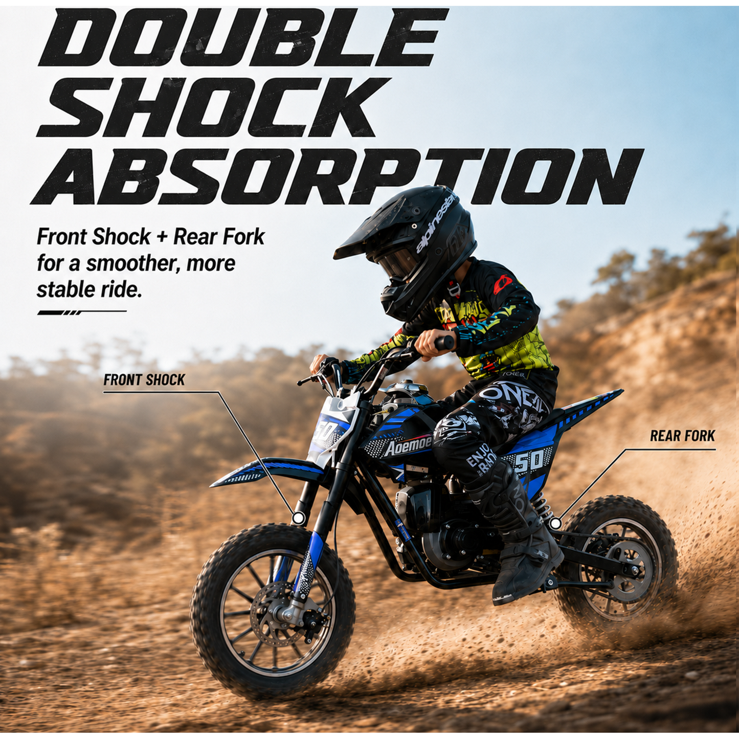Aoemoe 39cc motor bike, 20mph gas dirt bikes for boys 8 12, Disc Brakes, Max Load 165Lbs, kids dirt bike, Blue