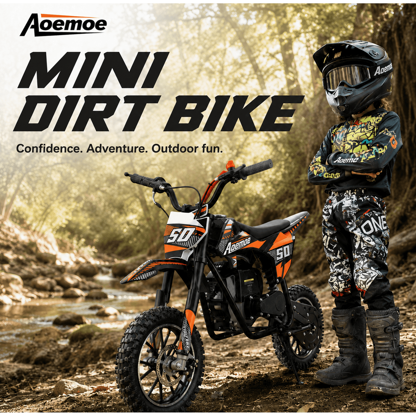 Aoemoe 39cc motor bike, 20mph gas dirt bikes for boys 8 12, Disc Brakes, Max Load 165Lbs, kids dirt bike, Orange