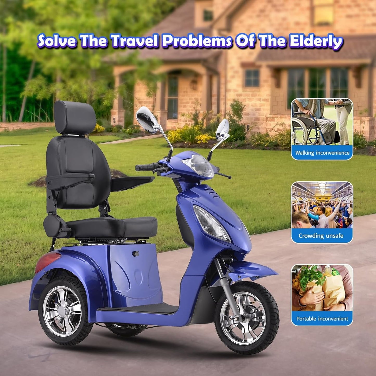 Super Large Electric 3 Wheel Mobility Scooters, Heavy Duty 800W Wheelchair Device, 500 LBS Capacity for Seniors & Adults, Speed Adjust, Remote Key, Receive Ready to Ride.（Blue）